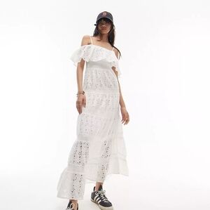 Topshop strappy broderie maxi dress with frill neck in ivory